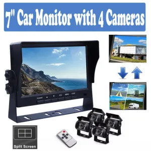 4-Channel Split 7" Screen Monitor | w/ 4 Reversing Camera Kit | For Truck Trailer Bus