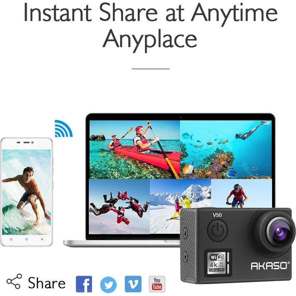 Akaso V50 Action Camera-Native 4K/30fps 20 MP with Wifi - Open Box