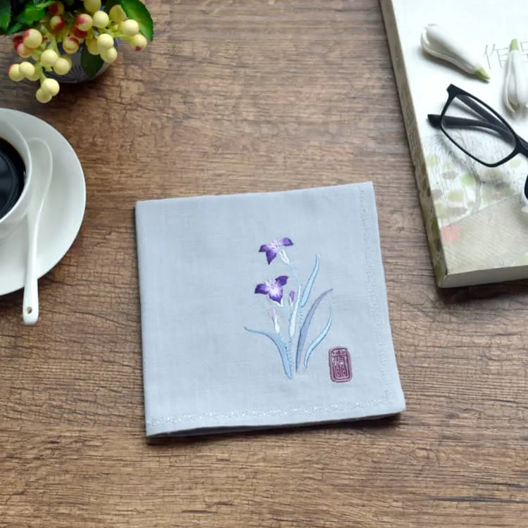 Chinese Handkerchief with the Embroidered Pattern of Orchid (Customizable)