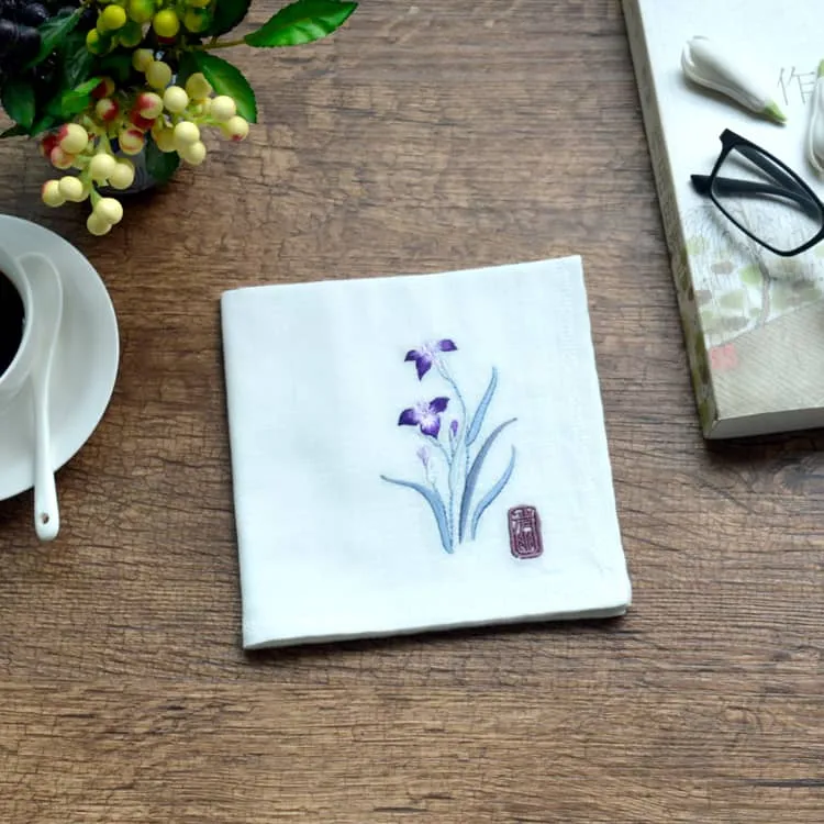 Chinese Handkerchief with the Embroidered Pattern of Orchid (Customizable)
