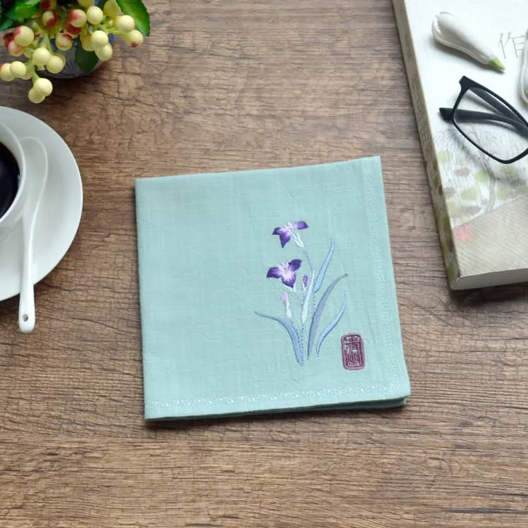 Chinese Handkerchief with the Embroidered Pattern of Orchid (Customizable)