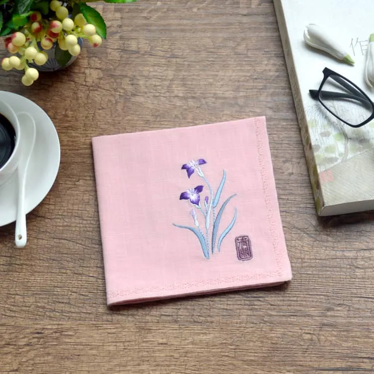 Chinese Handkerchief with the Embroidered Pattern of Orchid (Customizable)