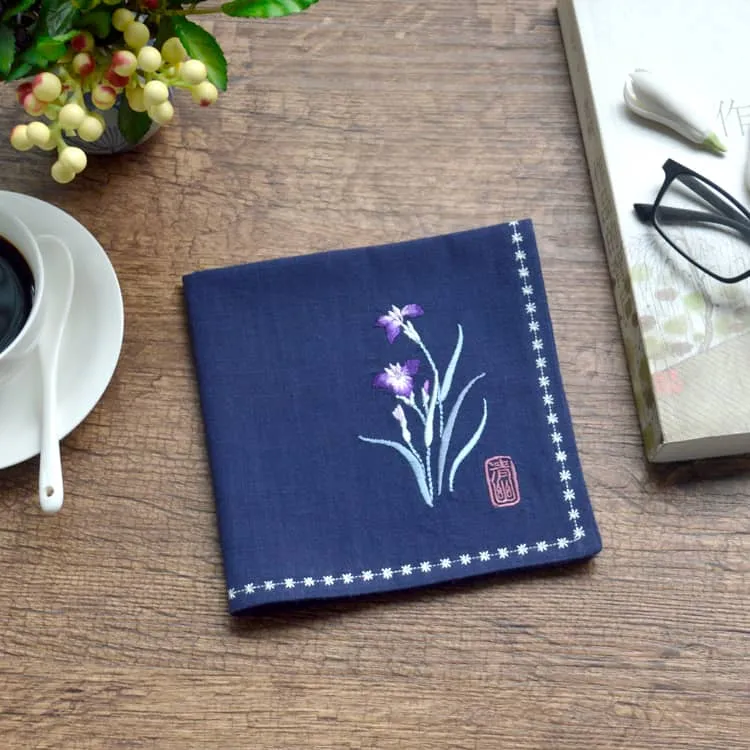 Chinese Handkerchief with the Embroidered Pattern of Orchid (Customizable)