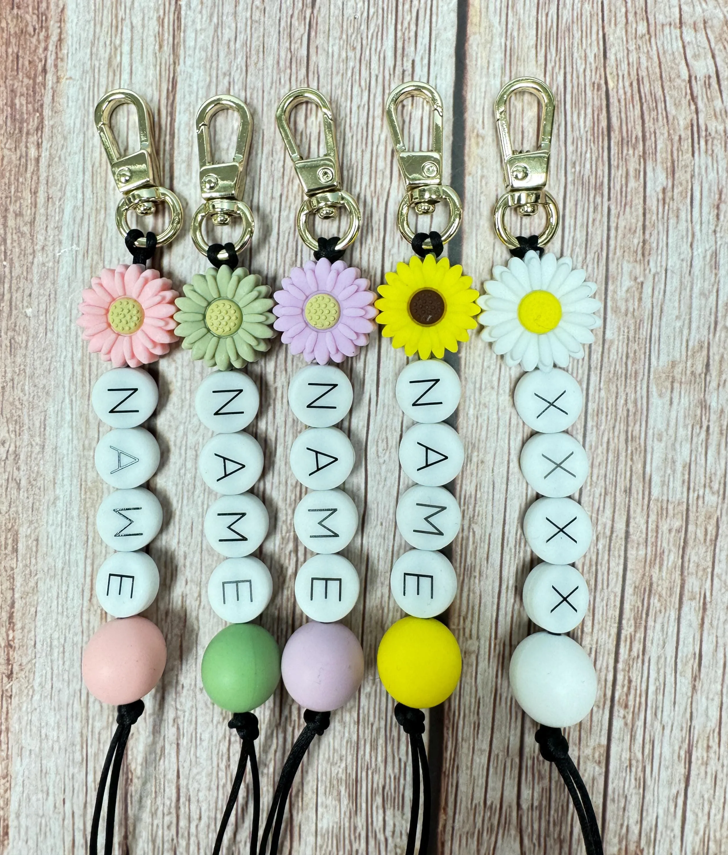 Customizable  Name Keychain - Daisy Bead & Silicone Letter Personalized Key Ring
