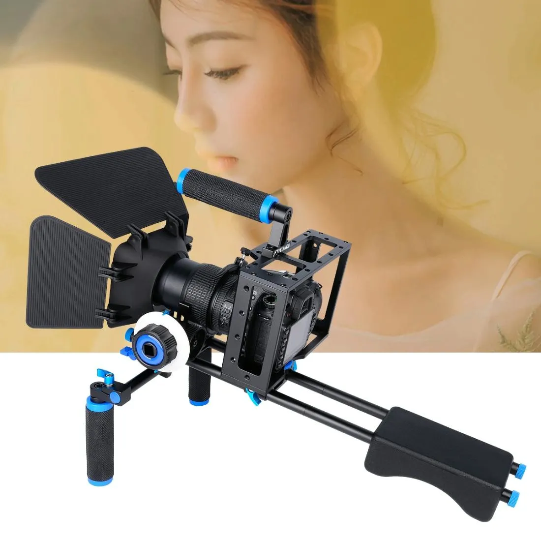 D222 Dual Handles Camera Shoulder Mount & Camera Cage Stabilizer Kit With Matte Box & Follow Focus For Dslr Camera / Video Camera