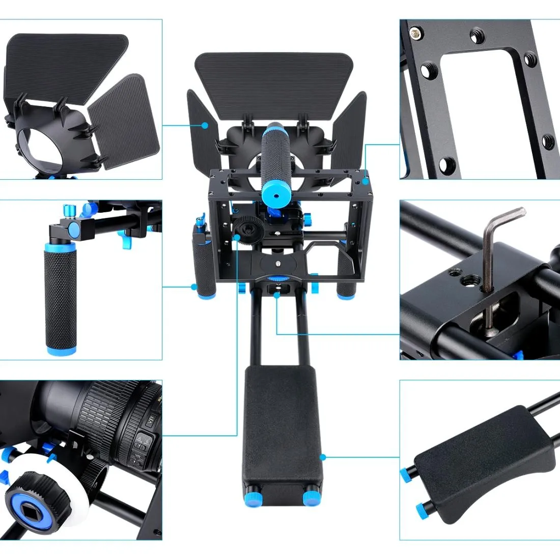 D222 Dual Handles Camera Shoulder Mount & Camera Cage Stabilizer Kit With Matte Box & Follow Focus For Dslr Camera / Video Camera