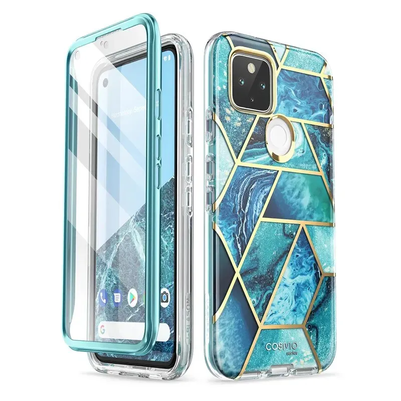 Full-body Glitter Marble Bumper Case with Built-in Screen Protector for Google Pixel 5
