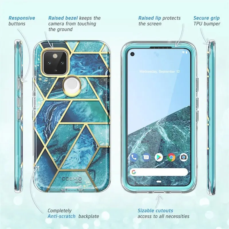 Full-body Glitter Marble Bumper Case with Built-in Screen Protector for Google Pixel 5