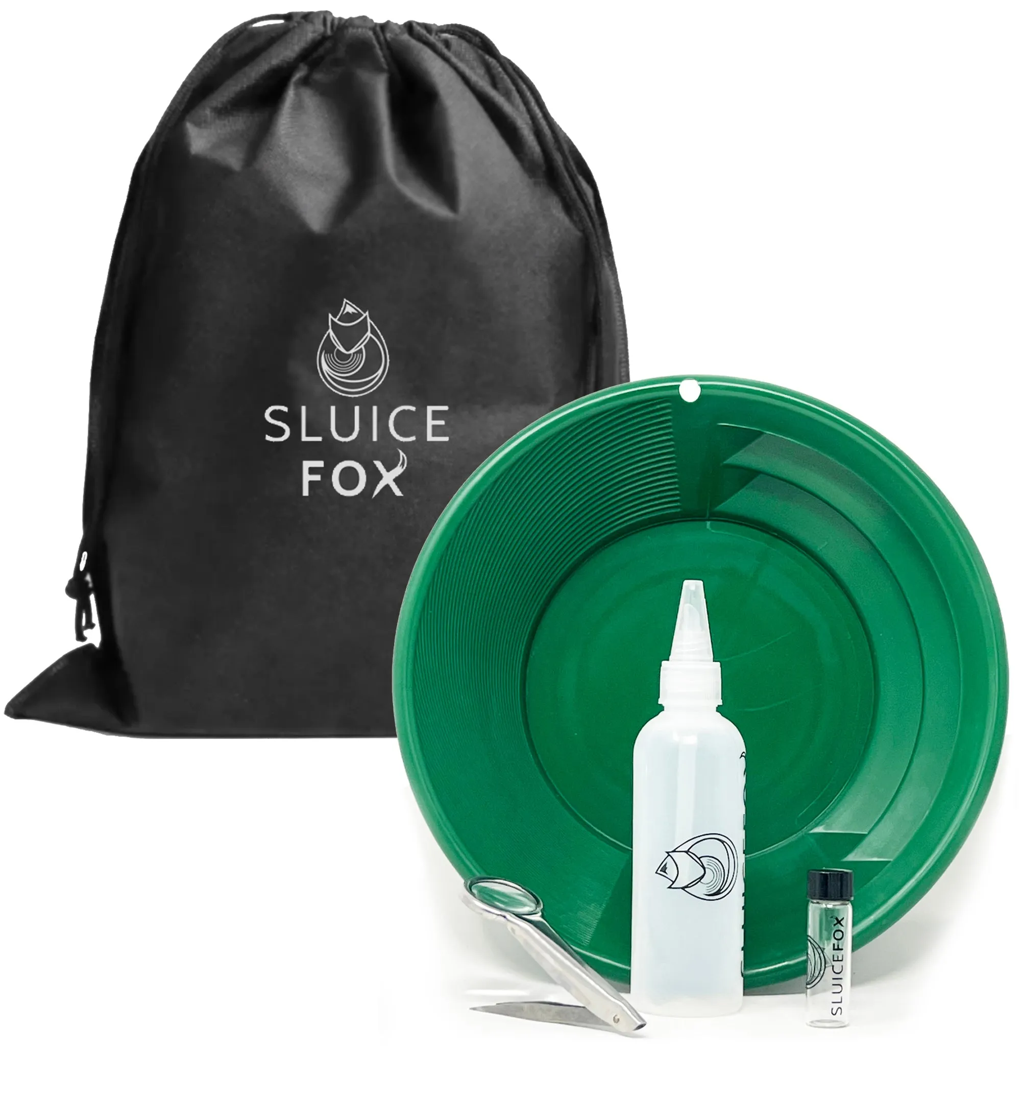 Gold panning starter kit for kids or adults; gold snifter bottle | spiral gold pan with dual riffles; basic gold prospecting kit with free drawstring carry bag