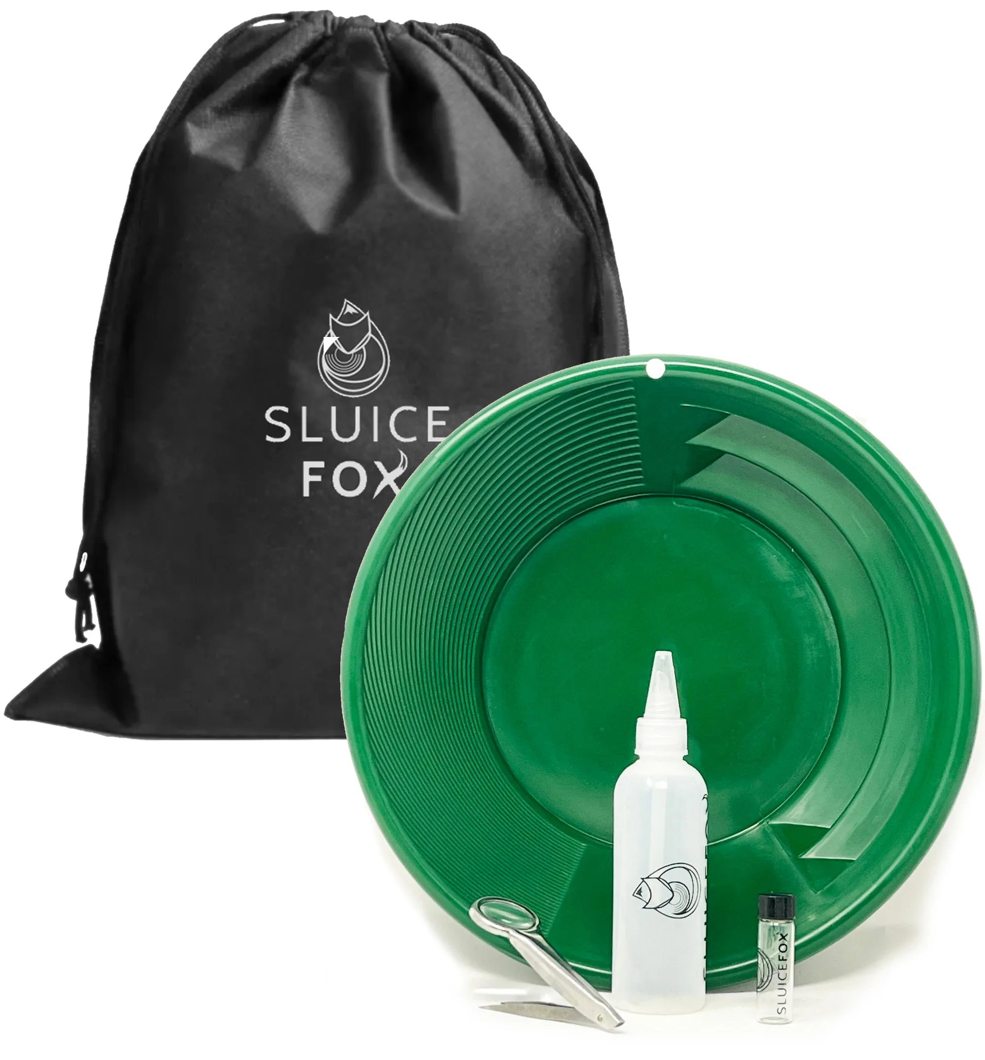 Gold panning starter kit for kids or adults; gold snifter bottle | spiral gold pan with dual riffles; basic gold prospecting kit with free drawstring carry bag