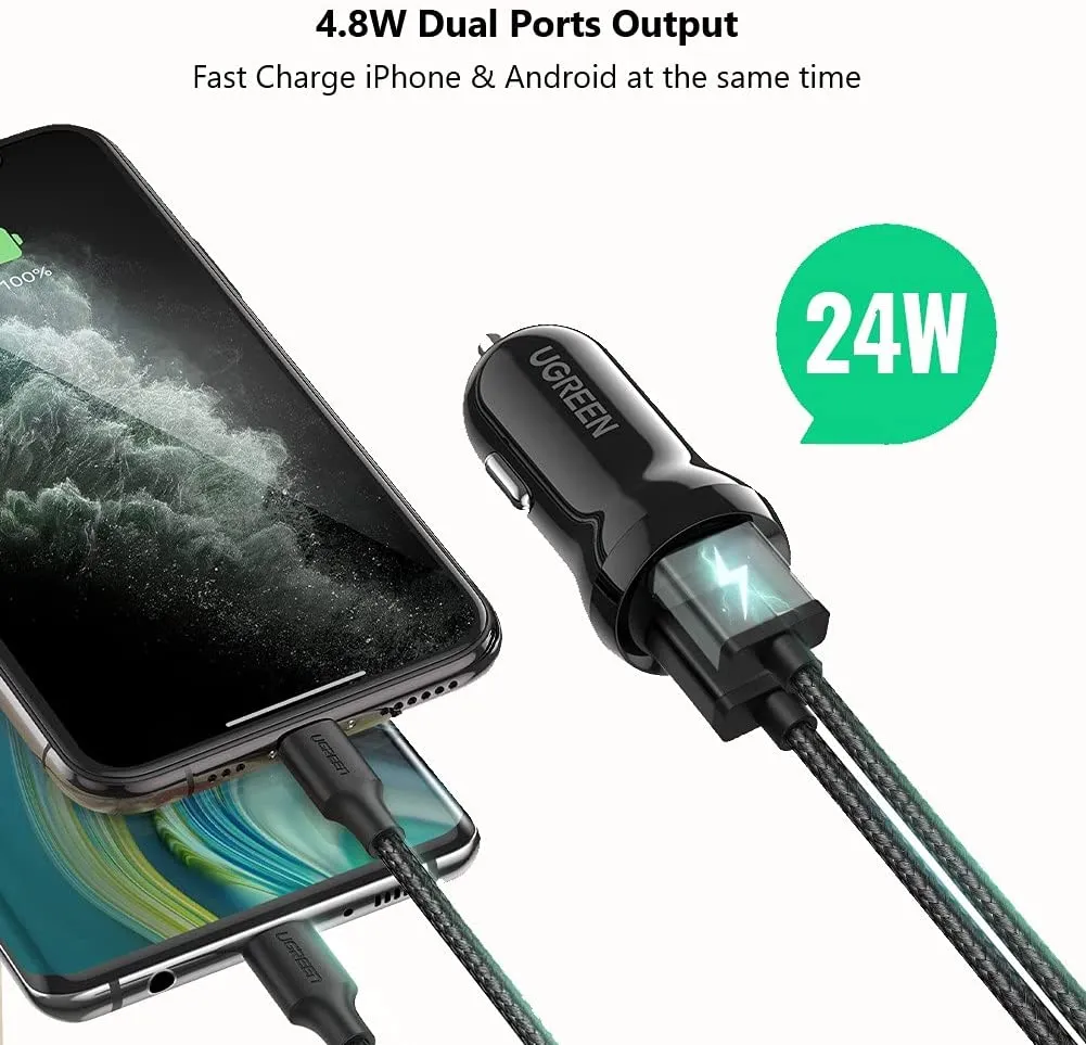 UGREEN Car Charger 4.8A Dual USB Ports Mini Power Adapter Phone Fast Charging