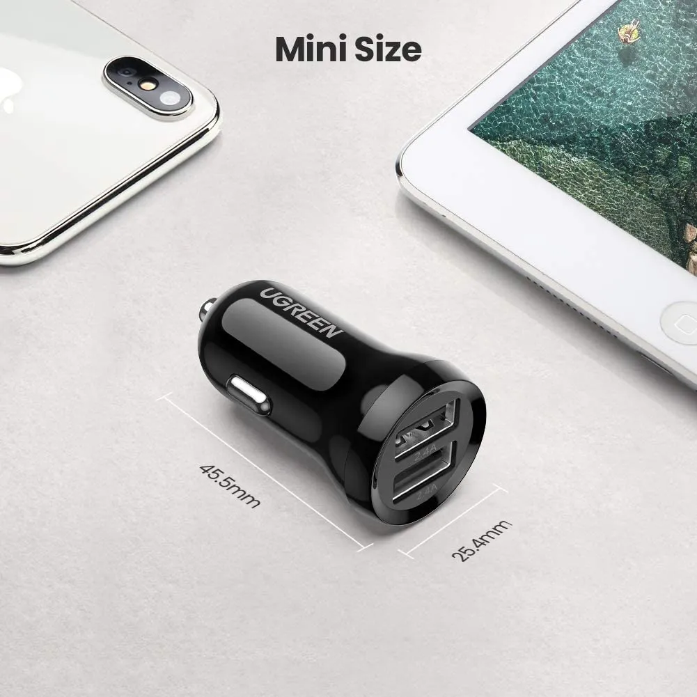 UGREEN Car Charger 4.8A Dual USB Ports Mini Power Adapter Phone Fast Charging
