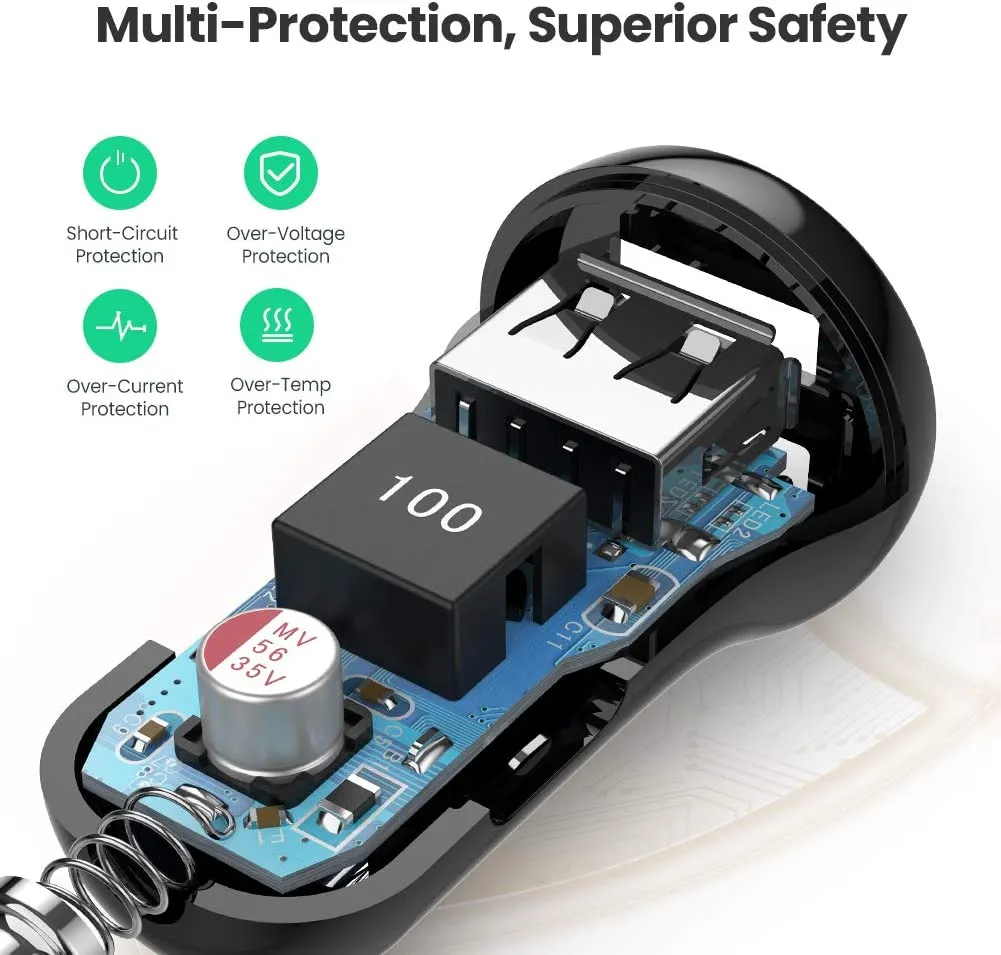 UGREEN Car Charger 4.8A Dual USB Ports Mini Power Adapter Phone Fast Charging
