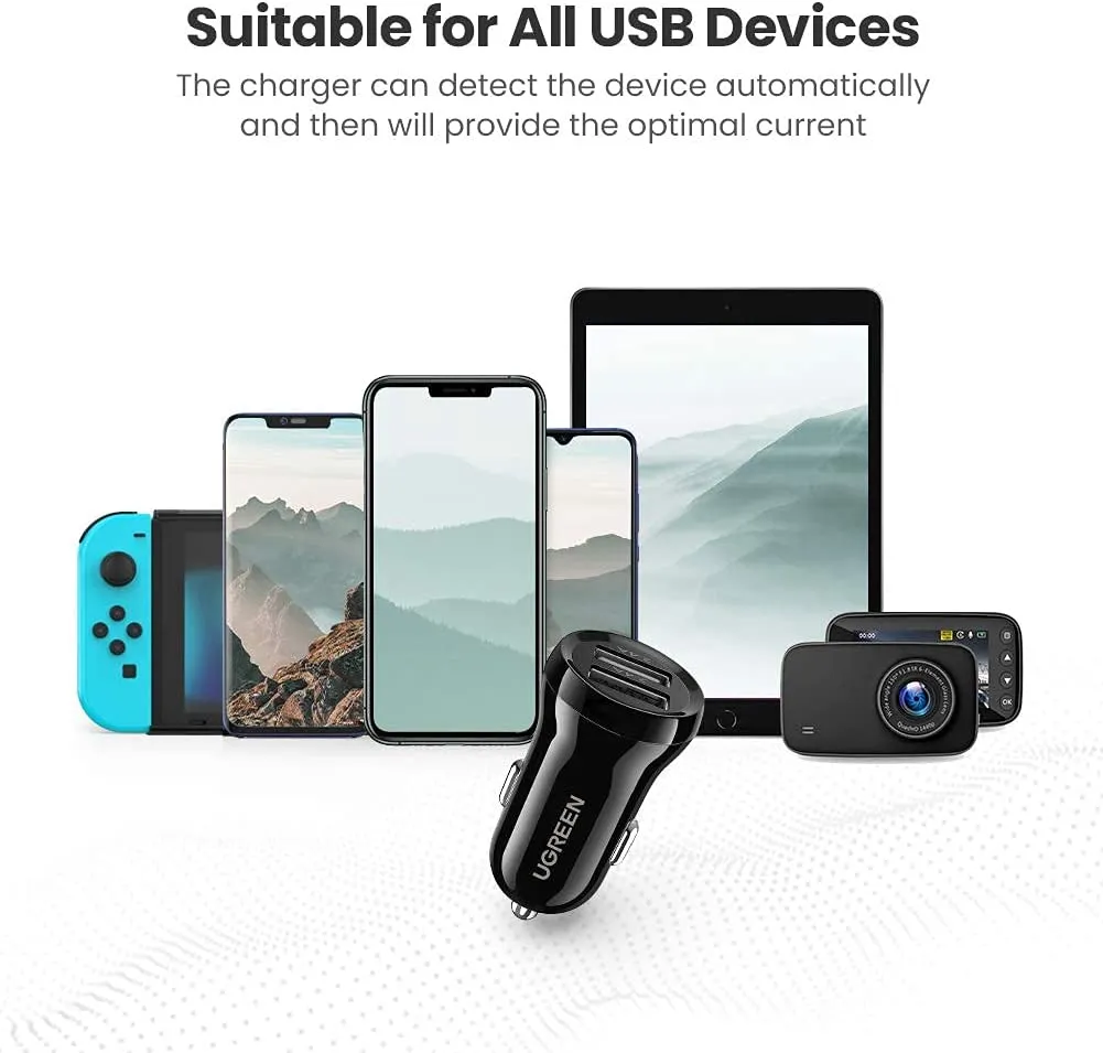 UGREEN Car Charger 4.8A Dual USB Ports Mini Power Adapter Phone Fast Charging