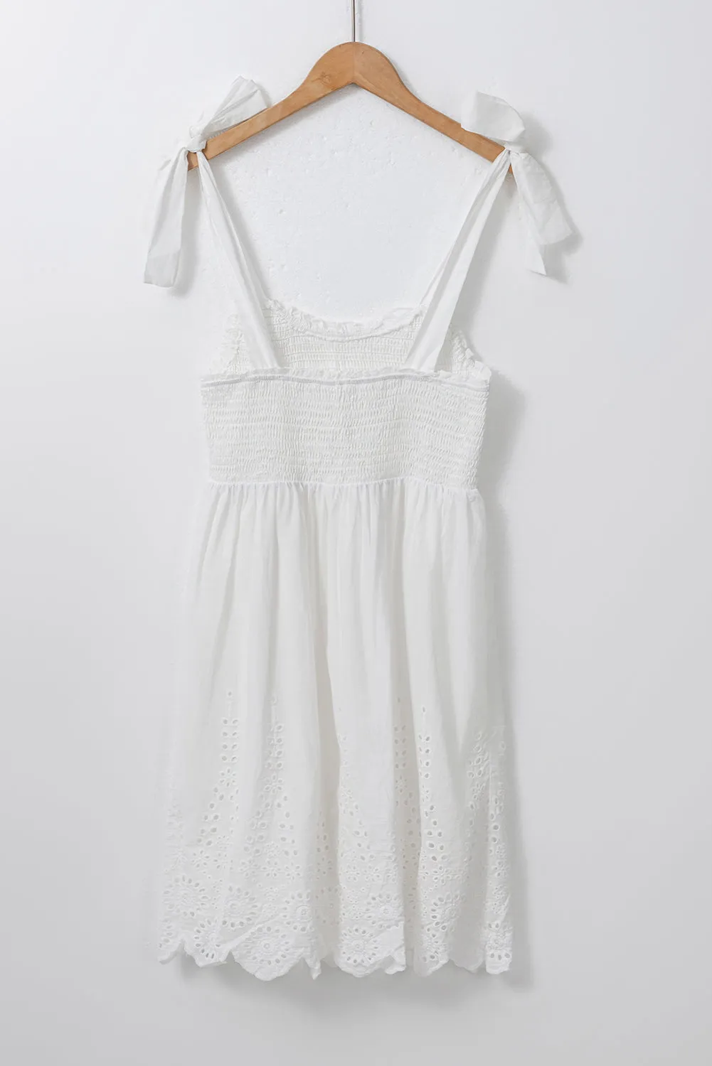 White Adjustable Tie Straps Smocked Mini Dress
